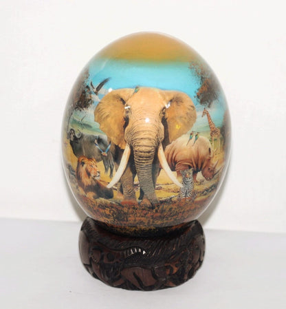 African Big Five Animals Decoupage Ostrich Egg. Day Blue Sky and brown Safari Art. Unique Ornament with carved wood stand. Ready to Ship