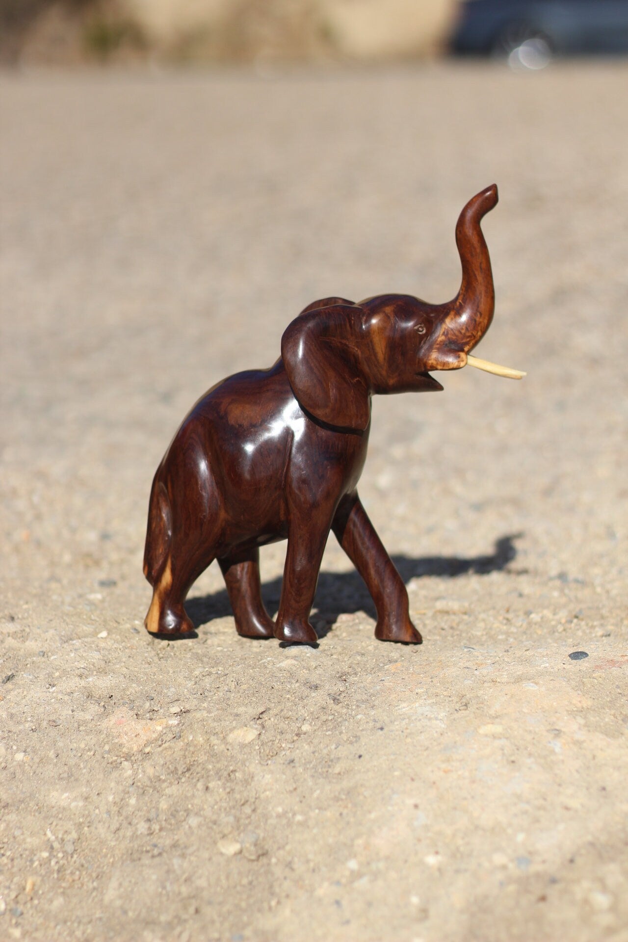 Zambian Carved walking Trunk Up Elephant sculpture, African art gifts ready to Ship Worldwide.