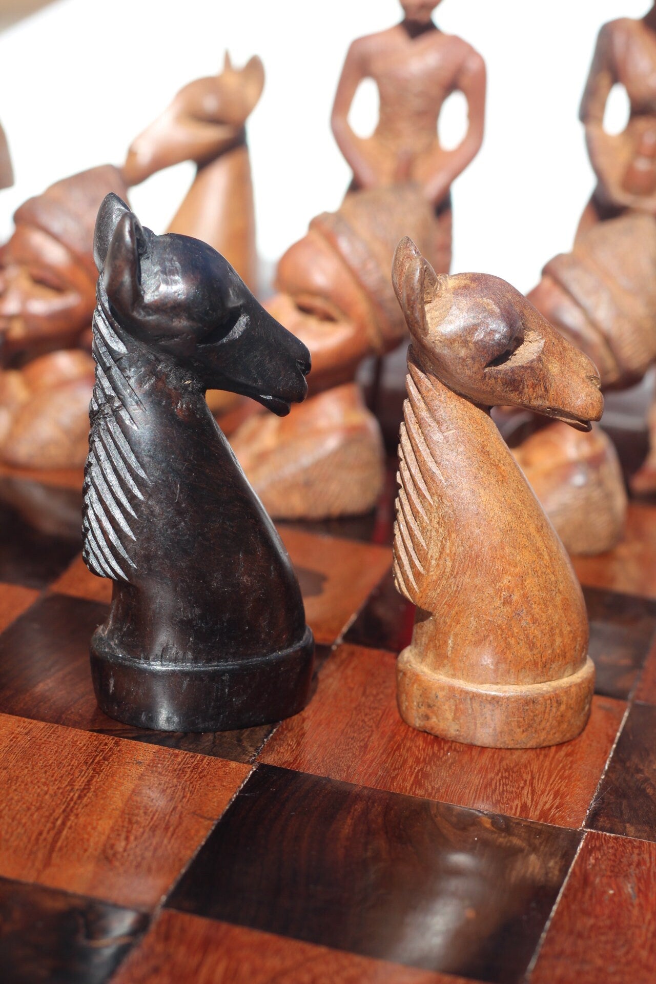 Colonial Figures African Handcarved Vintage Chess Set. Carved in Malawi, 18"x18" board. Ebony and Olive wood board Souvenir. Ready to Ship