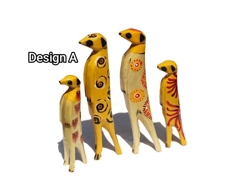 Family of 4 Clear and Yellow Painted Meerkat Jacaranda Wood sculptures. Hand Carved figurines. Home/Office decor African Art Suricate gifts