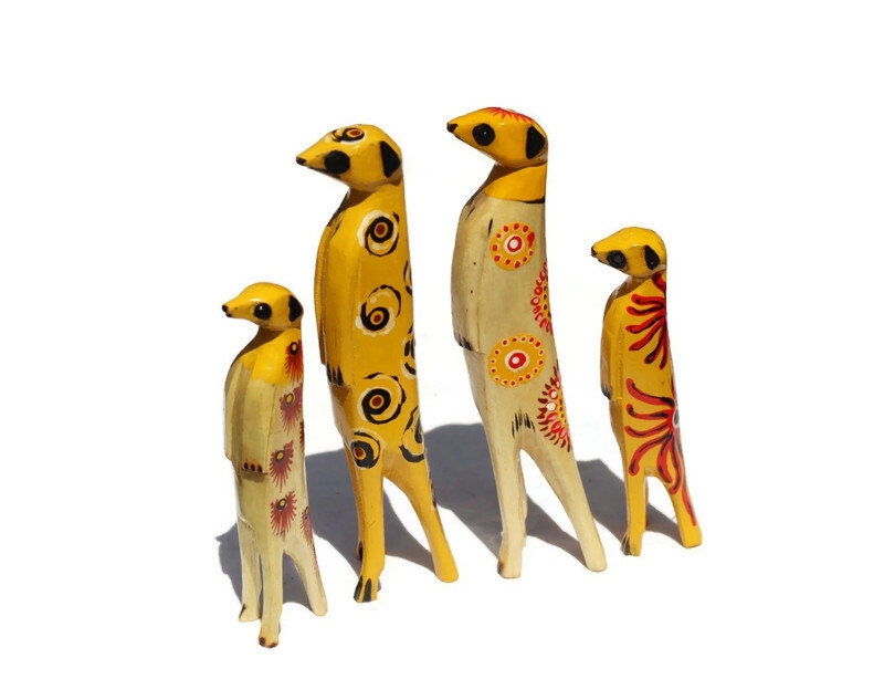 Family of 4 Clear and Yellow Painted Meerkat Jacaranda Wood sculptures. Hand Carved figurines. Home/Office decor African Art Suricate gifts