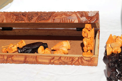 19" Zulu Warriors African Chess Set. Large Zimbabwe handcarved Foldable board with African Big Five Animals. Olive, Ebony, Mahogany Wood