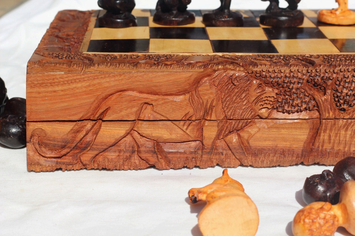 19" Zulu Warriors Chess Set Large Masterpiece. Zimbabwe handcarved Foldable board with African Big Five Animals. Olive, Ebony, Mahogany Wood