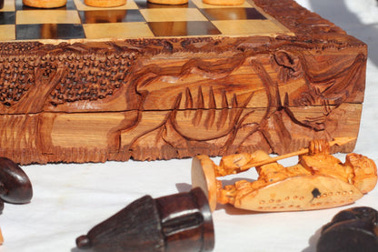 19" Zulu Warriors Chess Set Large Masterpiece. Zimbabwe handcarved Foldable board with African Big Five Animals. Olive, Ebony, Mahogany Wood