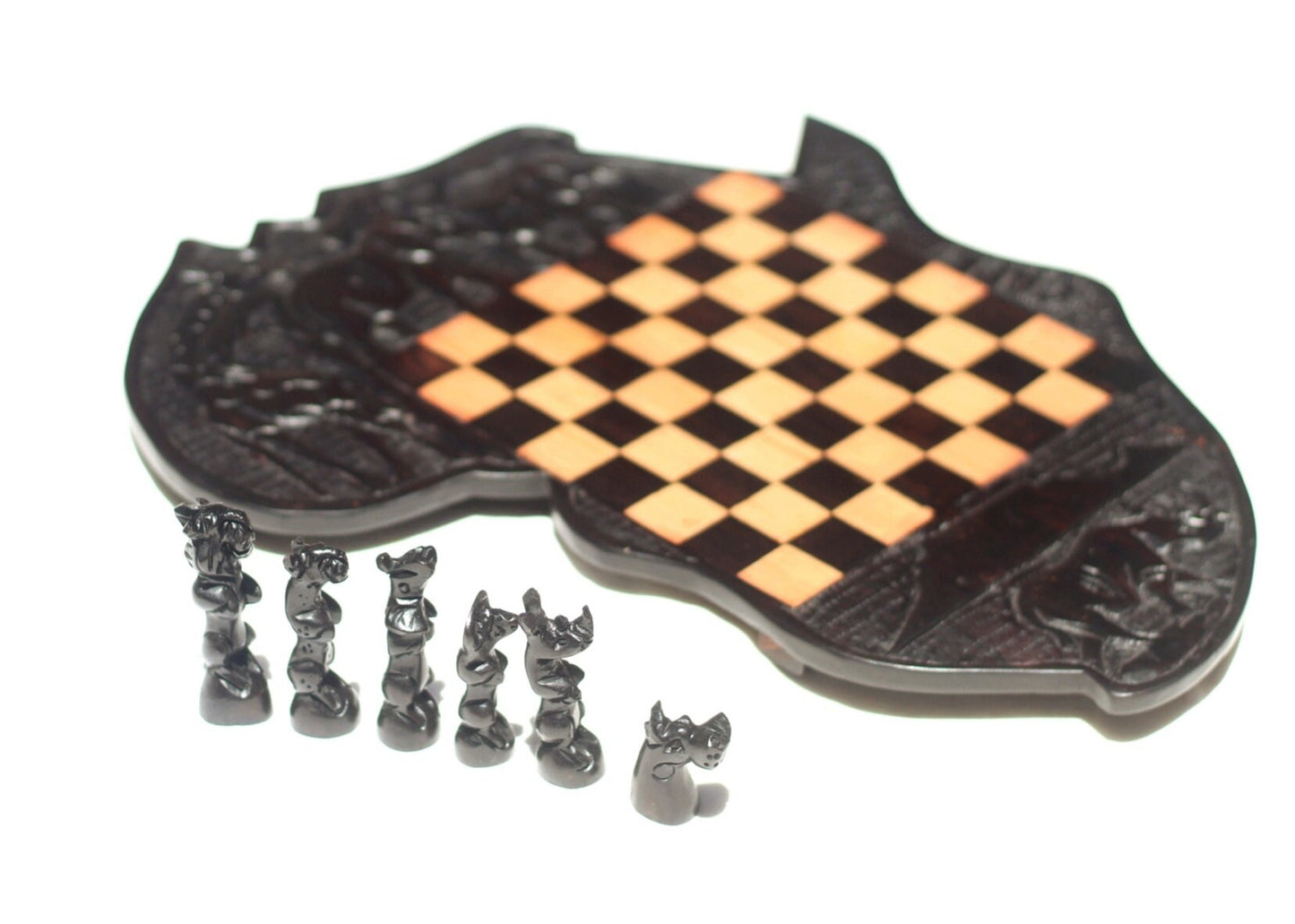 African Map Shaped Chess Set, Black ebony and Olive Wood.  Cape Town/ Table Mountain Themed Game board with Big Five Animals Pieces/Players