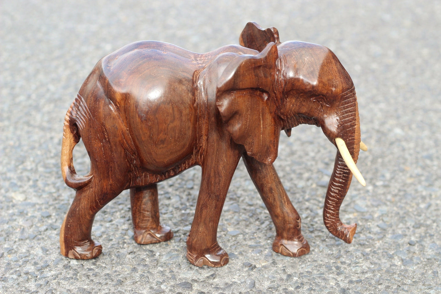 Smooth fine art carved Multi coloured Ironwood Elephant Sculpture. Zimbabwean lifelike Safari Animal. African Big 5 gift ready to Ship