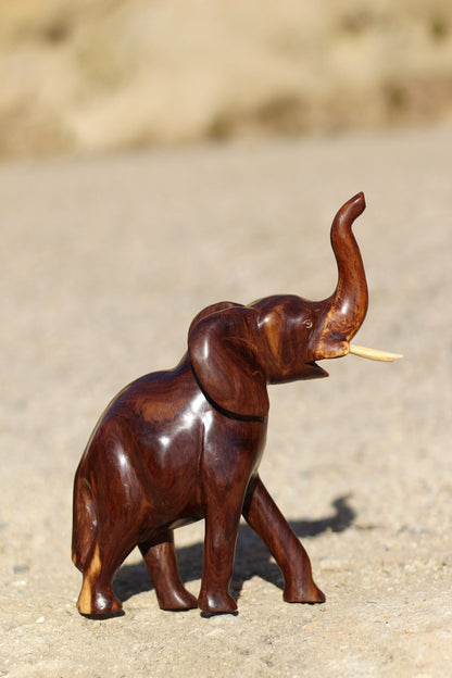 Zambian Carved walking Trunk Up Elephant sculpture, African art gifts ready to Ship Worldwide.