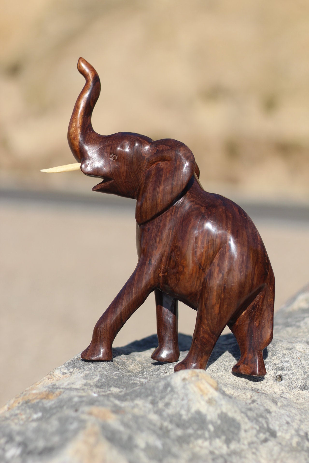 Zambian Carved walking Trunk Up Elephant sculpture, African art gifts ready to Ship Worldwide.