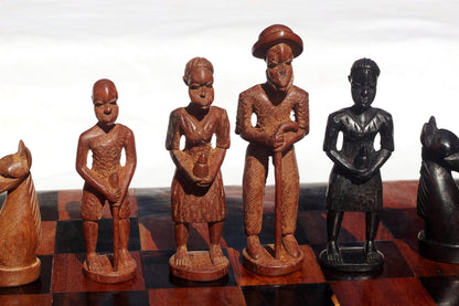 Colonial Figures African Handcarved Vintage Chess Set. Carved in Malawi, 18"x18" board. Ebony and Olive wood board Souvenir. Ready to Ship