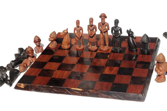 Colonial Figures African Handcarved Vintage Chess Set. Carved in Malawi, 18"x18" board. Ebony and Olive wood board Souvenir. Ready to Ship