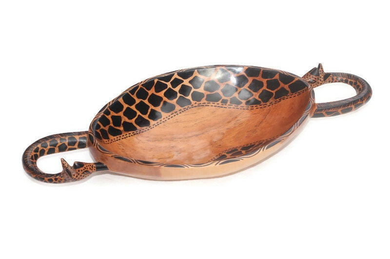 Giraffe Neck Handle Oval shaped Painted Teak wood Bowl table centerpiece. Zambian Handcarved African Art Decor gifts for Home and Office.