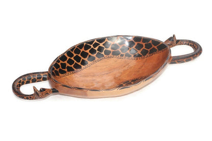 Giraffe Neck Handle Oval shaped Painted Teak wood Bowl table centerpiece. Zambian Handcarved African Art Decor gifts for Home and Office.