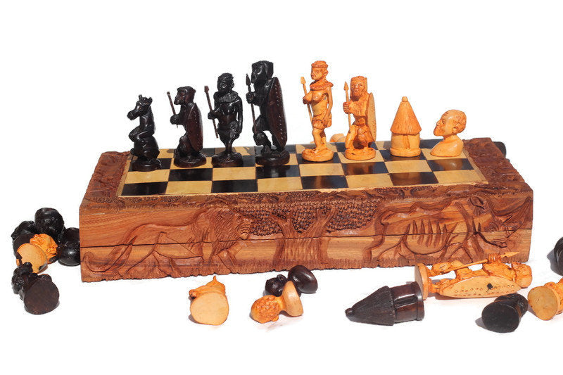 19" Zulu Warriors Chess Set Large Masterpiece. Zimbabwe handcarved Foldable board with African Big Five Animals. Olive, Ebony, Mahogany Wood