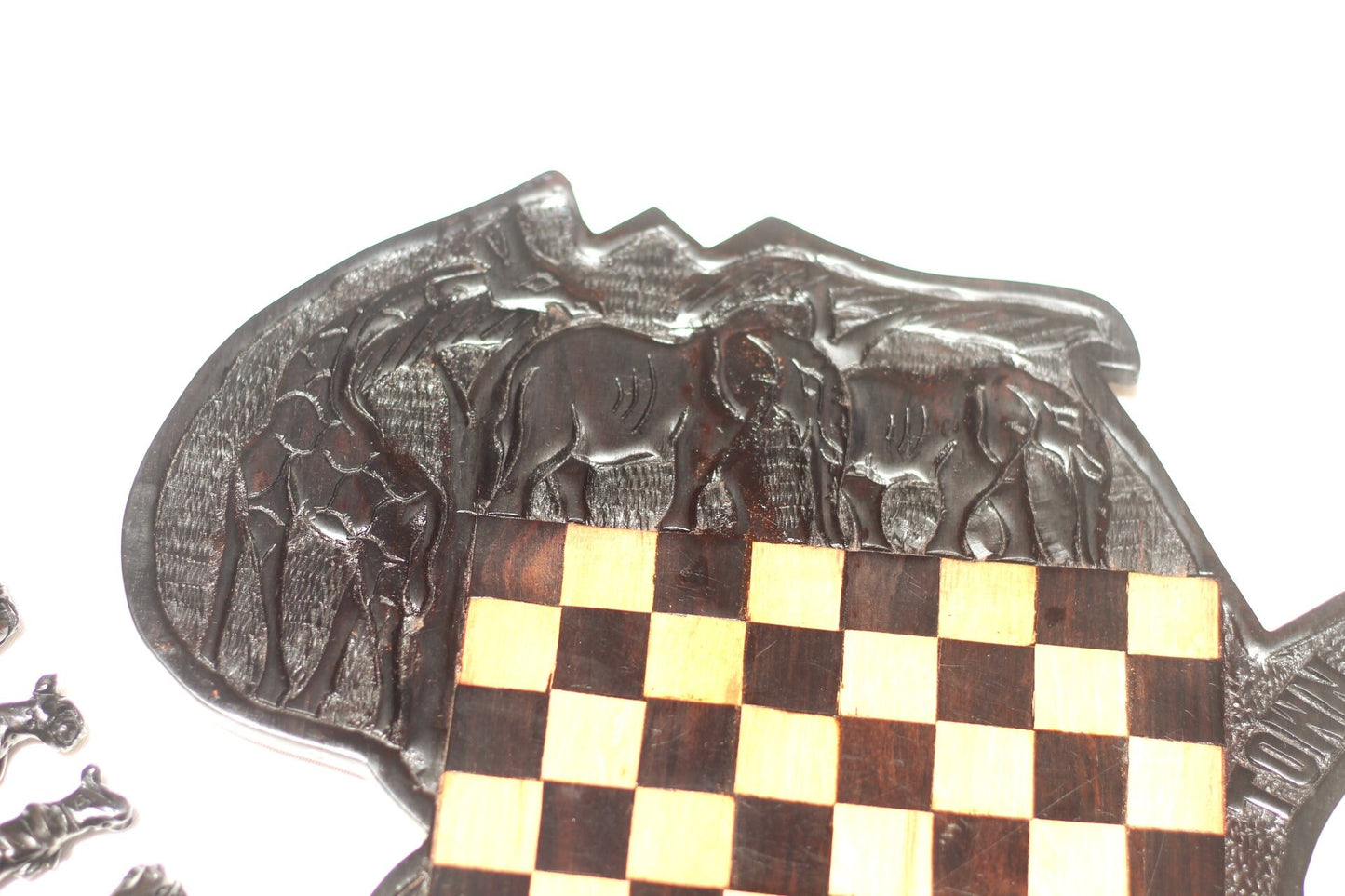 African Map Shaped Chess Set, Black ebony and Olive Wood.  Cape Town/ Table Mountain Themed Game board with Big Five Animals Pieces/Players