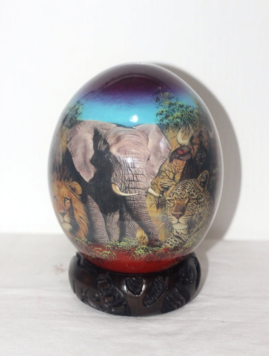 Light Blue Sky Decoupage Ostrich Egg with African Big 5 Animals on a forest background. Unique Hand Painted and Print art housewarming Gift