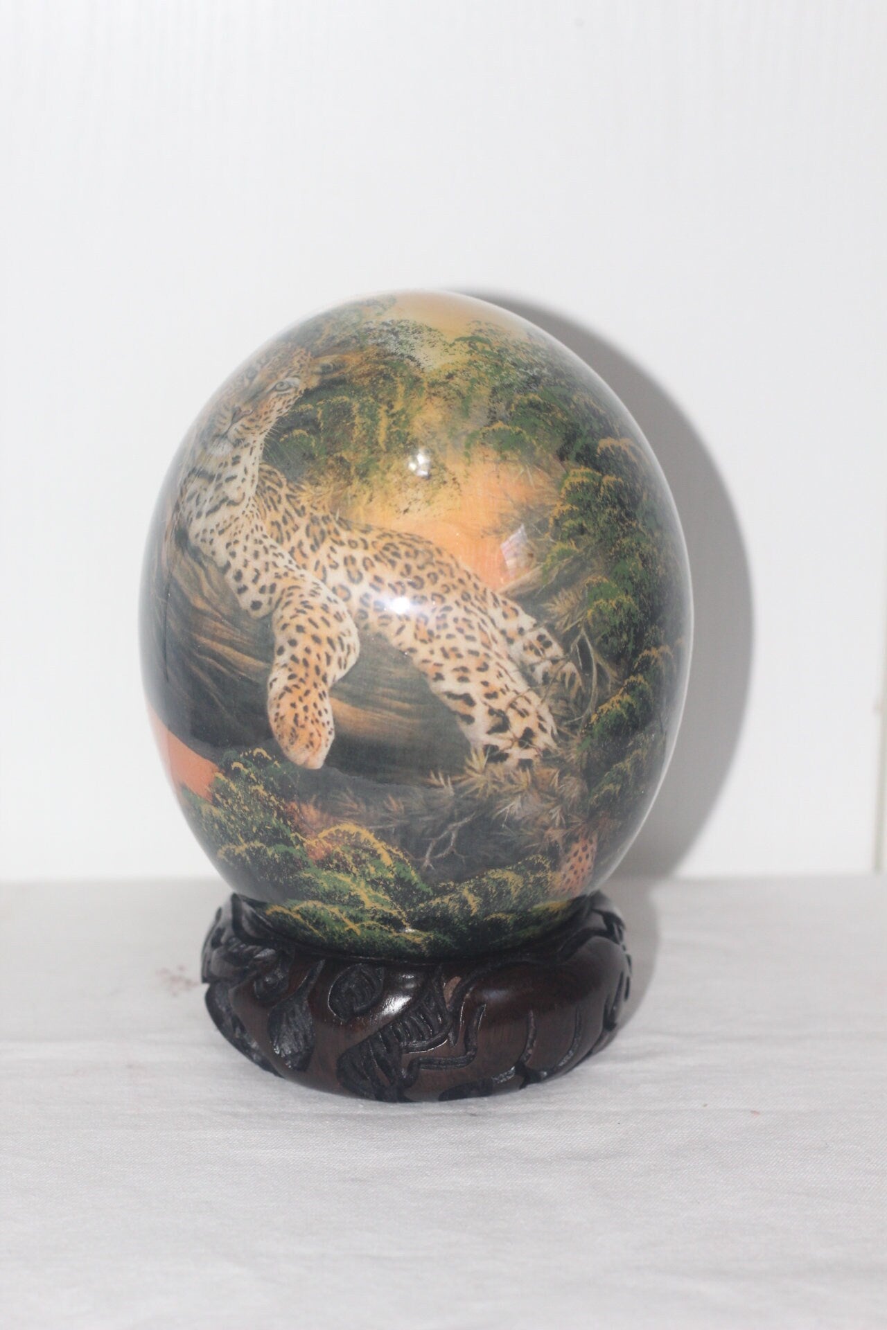 Leopard Sitting a tree Top Decoupage Authentic Ostrich Egg Shell. Unique African Art Handmade ornament. Ready to Ship Home /Office deco gift