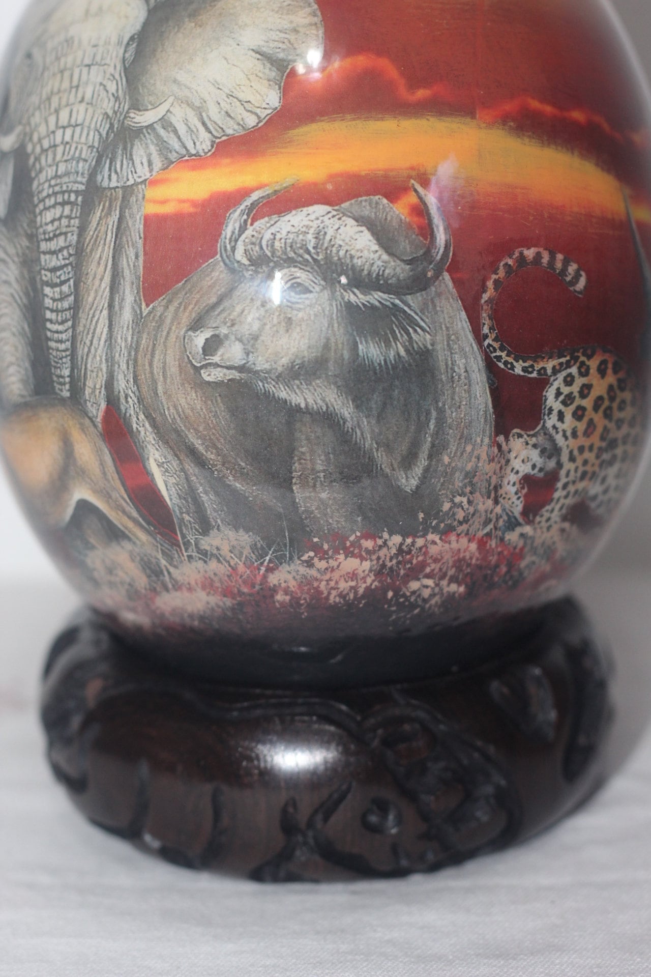 Sunset Themed Handpainted African Big Five Decoupage Art on an authentic Ostrich Egg Shell. Anniversary gifts for home/Office Decor