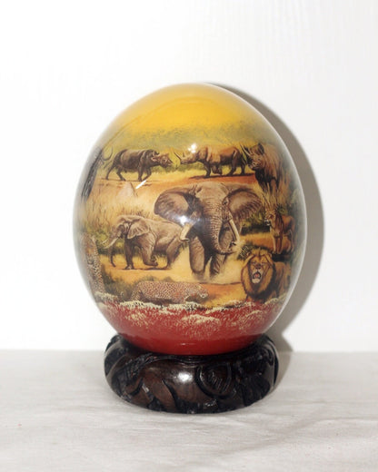 African Big Five Animals Decoupage Ostrich Egg Shell with Sunset Yelow Background. Ready to Ship Easter Egg Gifts for Home and Office Decor.