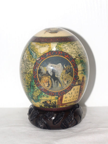 Brown or Green African Map Ostrich Egg Decoupage Art with big 5 Animals on a circle. Comes with a Carved Wood Ring stand. Home/Office Decor