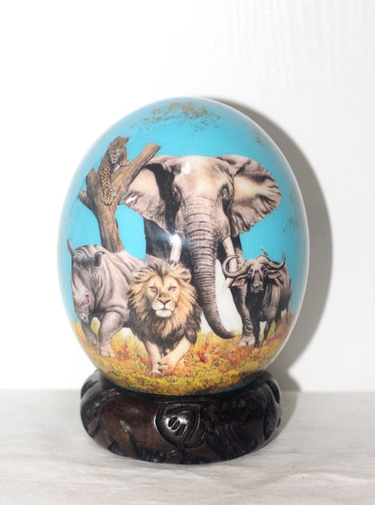 The African Big 5 Animals on a Blue and bit of gold background, Ostrich Egg Decoupage Art. Ready to Ship Gifts. 2 shades of blue in stock