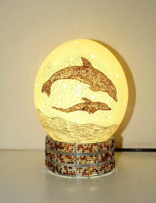 Scrimshaw Carved Dolphin and Calf on an Authentic Ostrich Egg lampshade with Holes. African art Ready to Ship Gift. Beads lampstand optional