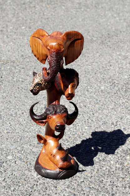 Light Brown Olive Wood Carved lifelike Big Five heads tower. U shaped Trunk Elephant, Lion, Gouged Leopard, Buffalo, Rhino Art Decor.