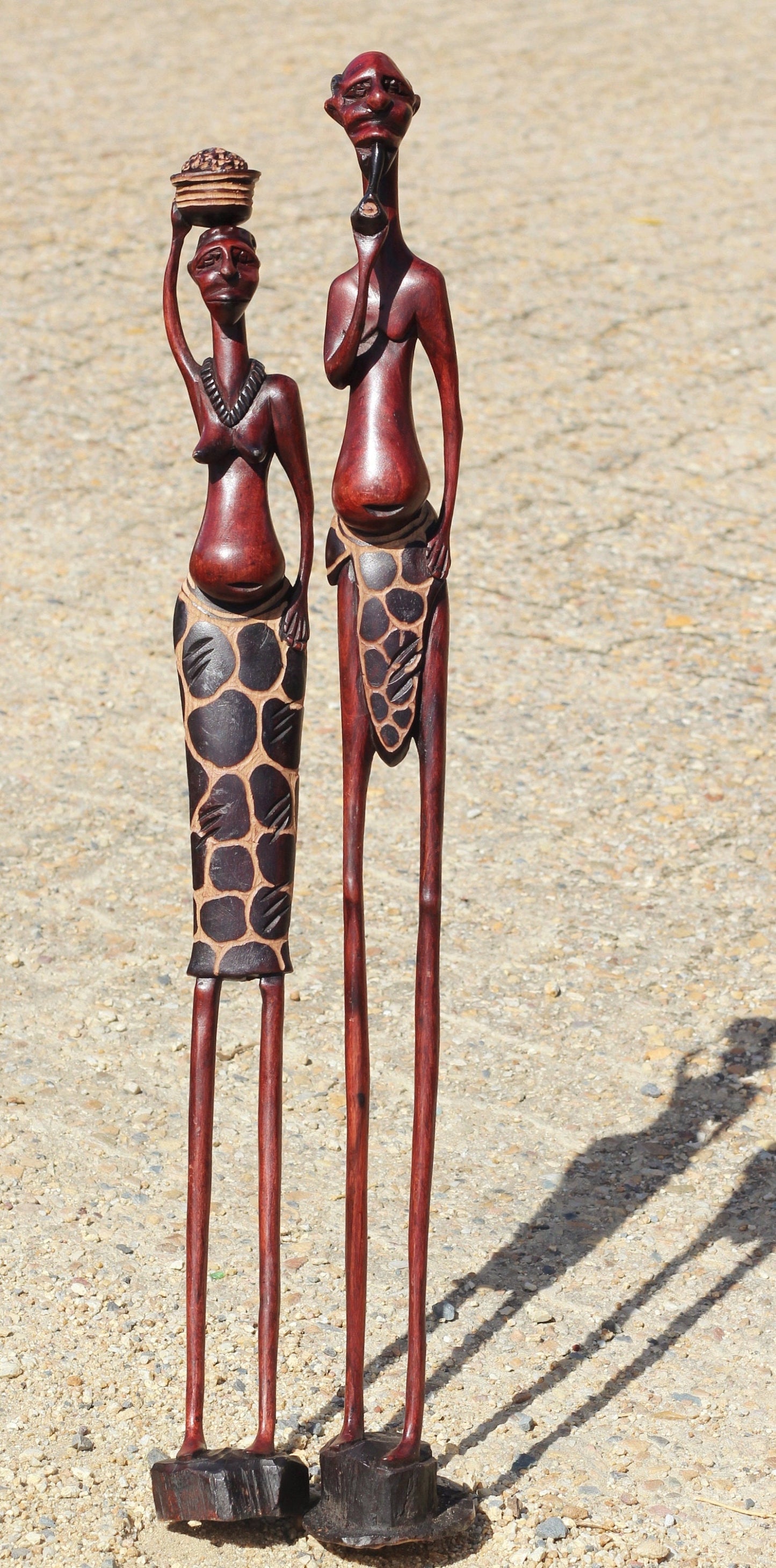 Tall Giraffe themed Inner Olive wood hand carved Maasai Couple. Zimbabwean Handmade African Art Gifts. Sculptures/Figurines for Home/Office