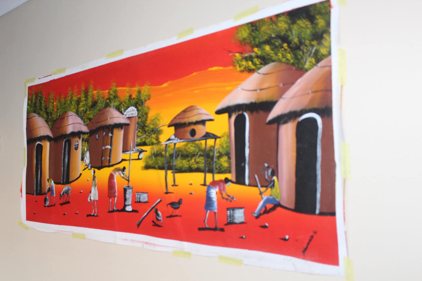 42×21" Sunset African Village life Acrylic Painting on Canvas. Unframed Wall Art for home or office decor. Ready to Ship gifts, 2 in Stock.