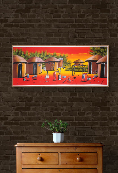 42×21" Sunset African Village life Acrylic Painting on Canvas. Unframed Wall Art for home or office decor. Ready to Ship gifts, 2 in Stock.