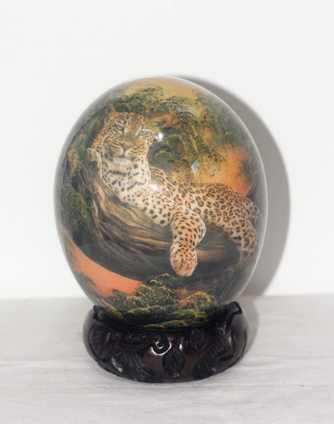 Leopard Sitting a tree Top Decoupage Authentic Ostrich Egg Shell. Unique African Art Handmade ornament. Ready to Ship Home /Office deco gift