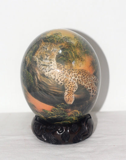 Leopard Sitting a tree Top Decoupage Authentic Ostrich Egg Shell. Unique African Art Handmade ornament. Ready to Ship Home /Office deco gift