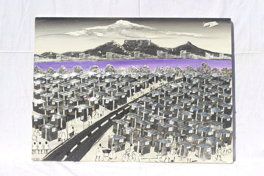 Extra Large Black, White and Purple painting on Chip board. South African Art Townships/ Cape Flats Wall Decor, Cape Town Table Mountain.