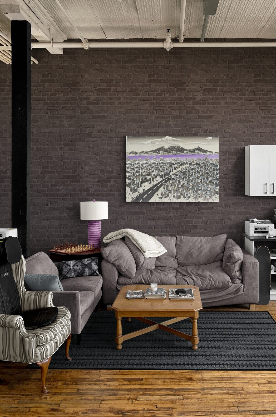 Extra Large Black, White and Purple painting on Chip board. South African Art Townships/ Cape Flats Wall Decor, Cape Town Table Mountain.