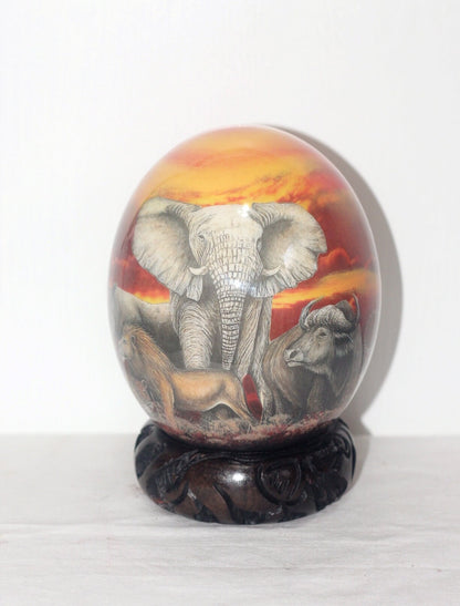 Sunset Themed Handpainted African Big Five Decoupage Art on an authentic Ostrich Egg Shell. Anniversary gifts for home/Office Decor