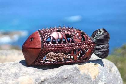 Brown and Black Fish Shape Olive Wood Basket. Zimbabwe Handcarved and Gouged African Big Five Animals. Amazing Table Decor Centrepiece