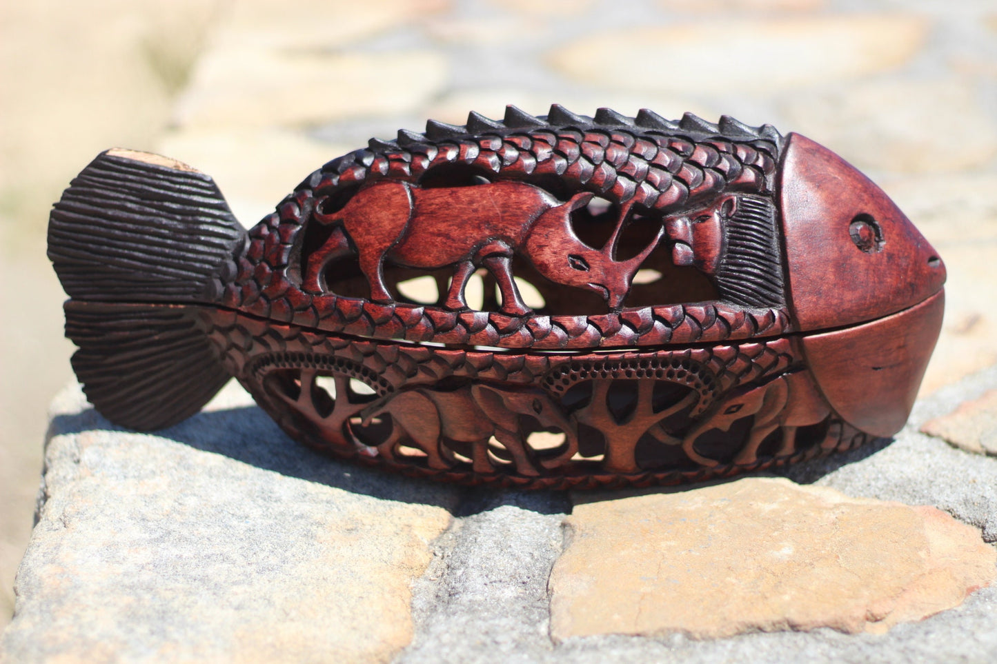 Brown and Black Fish Shape Olive Wood Basket. Zimbabwe Handcarved and Gouged African Big Five Animals. Amazing Table Decor Centrepiece