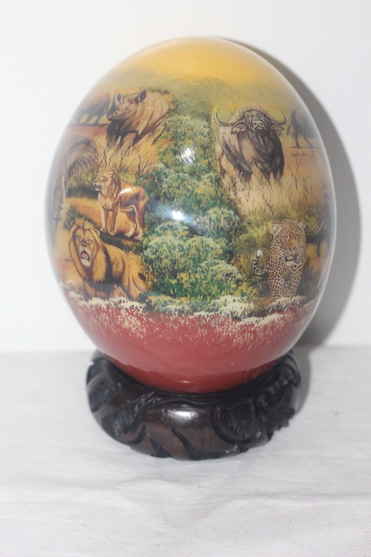 African Big Five Animals Decoupage Ostrich Egg Shell with Sunset Yelow Background. Ready to Ship Easter Egg Gifts for Home and Office Decor.