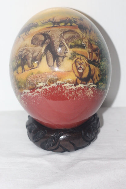 African Big Five Animals Decoupage Ostrich Egg Shell with Sunset Yelow Background. Ready to Ship Easter Egg Gifts for Home and Office Decor.