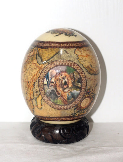 Brown or Green African Map Ostrich Egg Decoupage Art with big 5 Animals on a circle. Comes with a Carved Wood Ring stand. Home/Office Decor