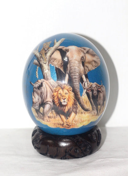 The African Big 5 Animals on a Blue and bit of gold background, Ostrich Egg Decoupage Art. Ready to Ship Gifts. 2 shades of blue in stock