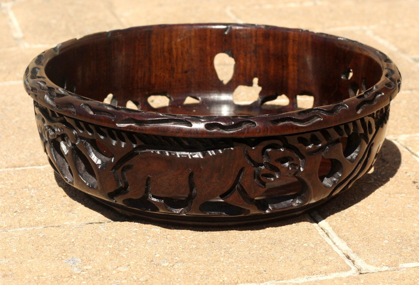 African Big Five Malawian Dark Iron Wood Bowl with pattern on top. Smooth Handcarved with animal cuttings. Home or office table Decor gifts.