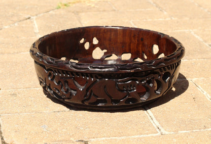 African Big Five Malawian Dark Iron Wood Bowl with pattern on top. Smooth Handcarved with animal cuttings. Home or office table Decor gifts.