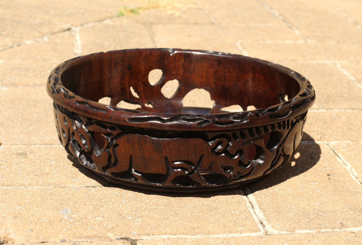 African Big Five Malawian Dark Iron Wood Bowl with pattern on top. Smooth Handcarved with animal cuttings. Home or office table Decor gifts.