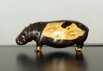 Lifelike Multi Coloured Ebony Wood Carved Hippo Sculpture. Has visible wood grains in the dark rich wood. Unique African gifts ready to Ship