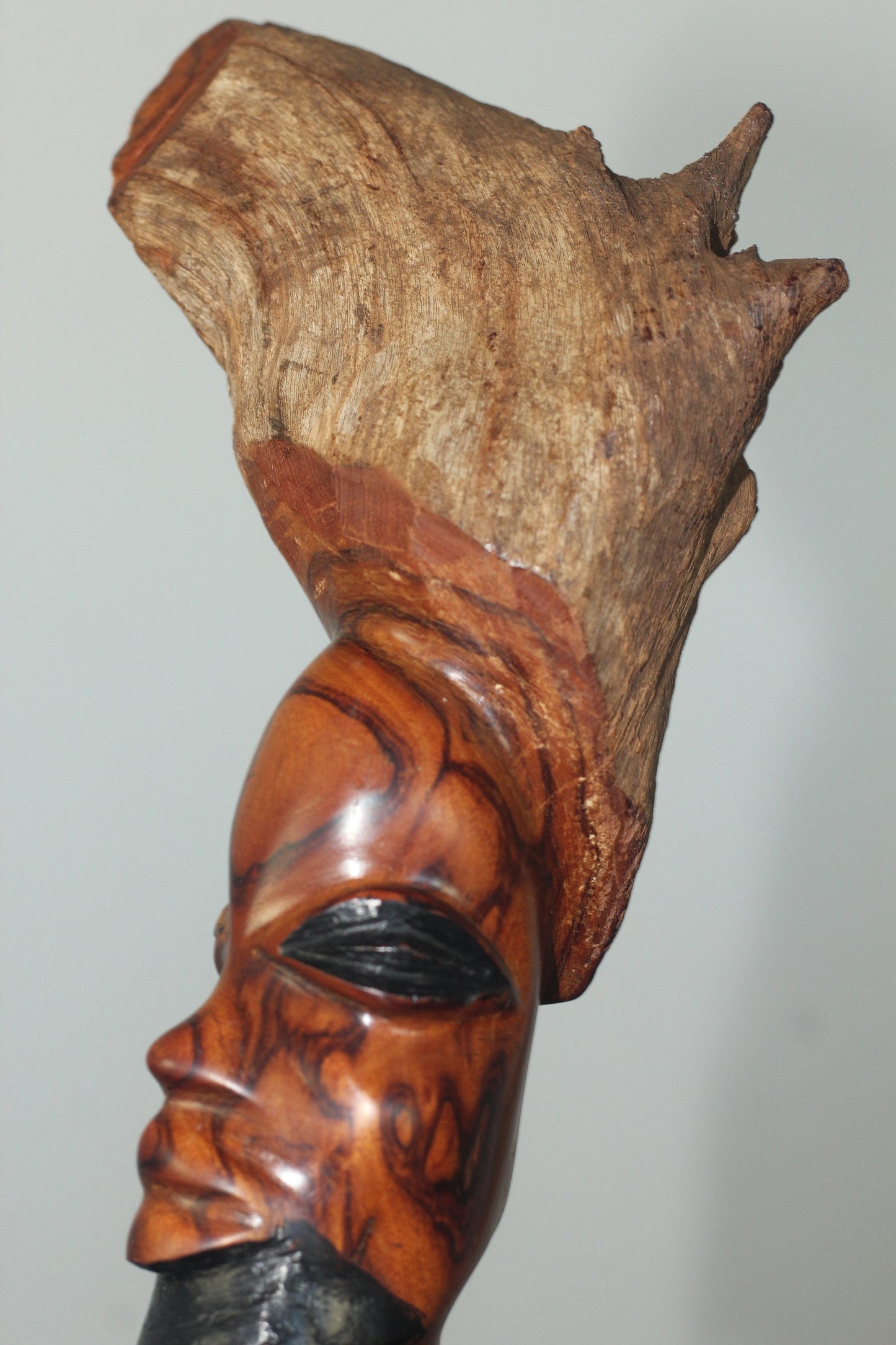 14" Tanzanian Makonde Zebra Wood African Man Sculpture for home/Office Decor. Natural Wood Texture and Smooth carved area with amazing grain