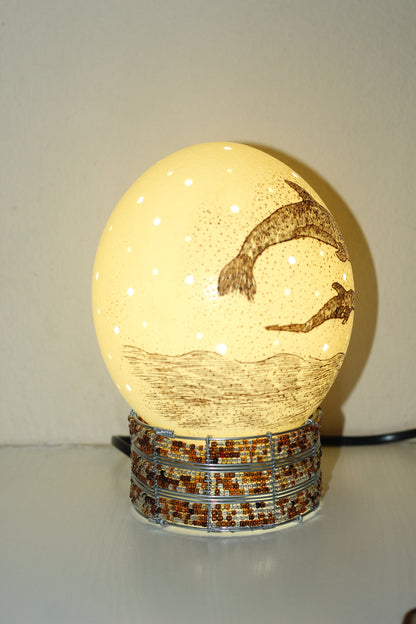 Scrimshaw Carved Dolphin and Calf on an Authentic Ostrich Egg lampshade with Holes. African art Ready to Ship Gift. Beads lampstand optional