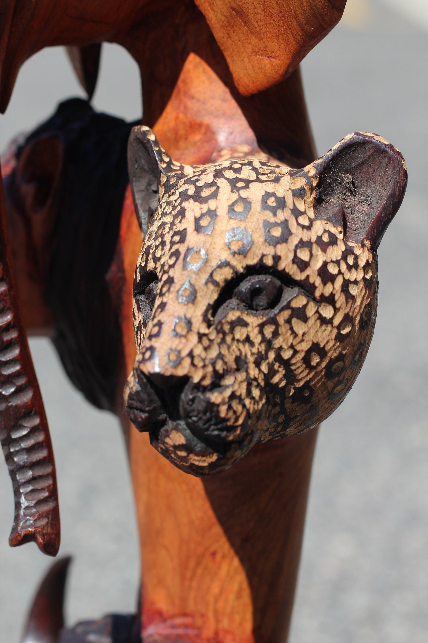 Large Light Brown Olive Wood Carved lifelike Big Five heads tower. Trunk down Elephant, Lion, Gouged Leopard, Buffalo, Rhino fine Art Decor.