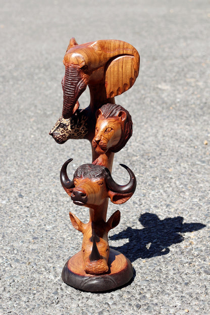 Light Brown Olive Wood Carved lifelike Big Five heads tower. U shaped Trunk Elephant, Lion, Gouged Leopard, Buffalo, Rhino Art Decor.