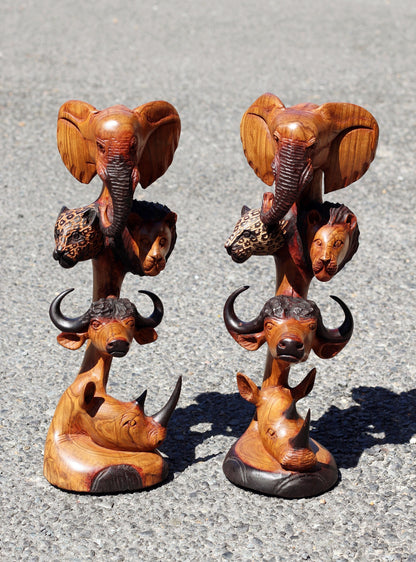 Light Brown Olive Wood Carved lifelike Big Five heads tower. U shaped Trunk Elephant, Lion, Gouged Leopard, Buffalo, Rhino Art Decor.