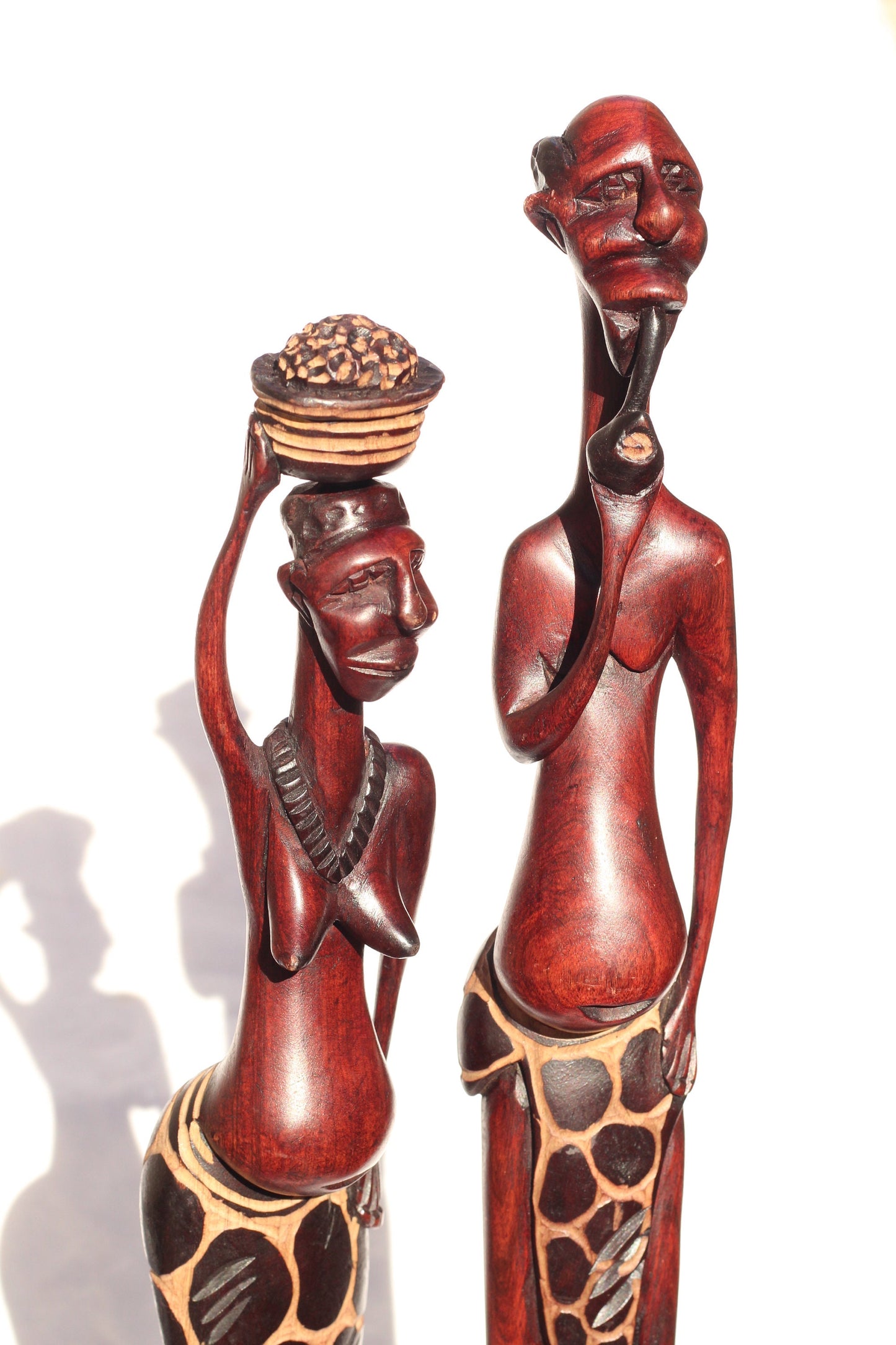 Tall Giraffe themed Inner Olive wood hand carved Maasai Couple. Zimbabwean Handmade African Art Gifts. Sculptures/Figurines for Home/Office